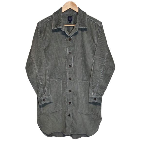 GAP Dresses & Skirts - Gap Womens Corduroy Shirt Dress Oversized Gray Green XS Soft Longline Pockets